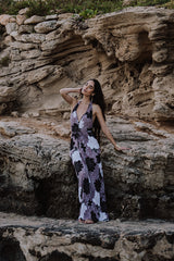 Plunging maxi dress - mauve flowers