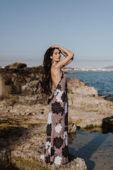 Plunging maxi dress - mauve flowers