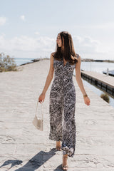 V-Neck Wide leg Playsuit - Black & White