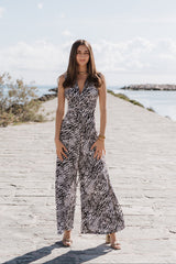 V-Neck Wide leg Playsuit - Black & White