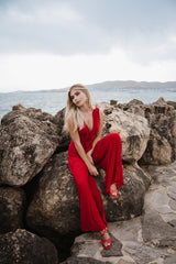 V-Neck Wide leg Playsuit- Red