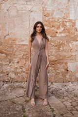 V-Neck Wide leg Playsuit- Sand