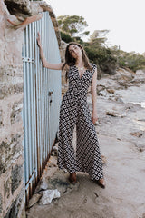 V-Neck Wide leg Playsuit - Black Geo Print