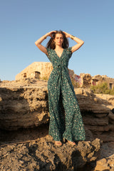 V-Neck Wide leg Playsuit - Emerald Green