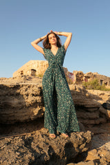 V-Neck Wide leg Playsuit - Emerald Green