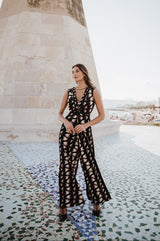 V-Neck Wide leg Playsuit - Black Geo Print
