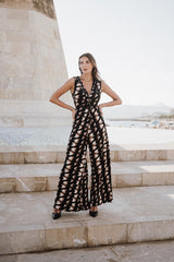 V-Neck Wide leg Playsuit - Black Geo Print