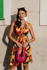 V neck adjustable dress - Yellow Leaf