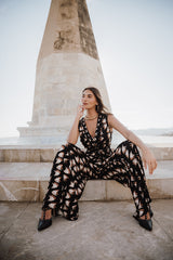 V-Neck Wide leg Playsuit - Black Geo Print
