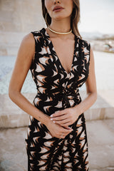 V-Neck Wide leg Playsuit - Black Geo Print