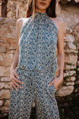 High Neck Playsuit - Petrol dot