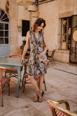 V-neck adjustable dress - Green Flower