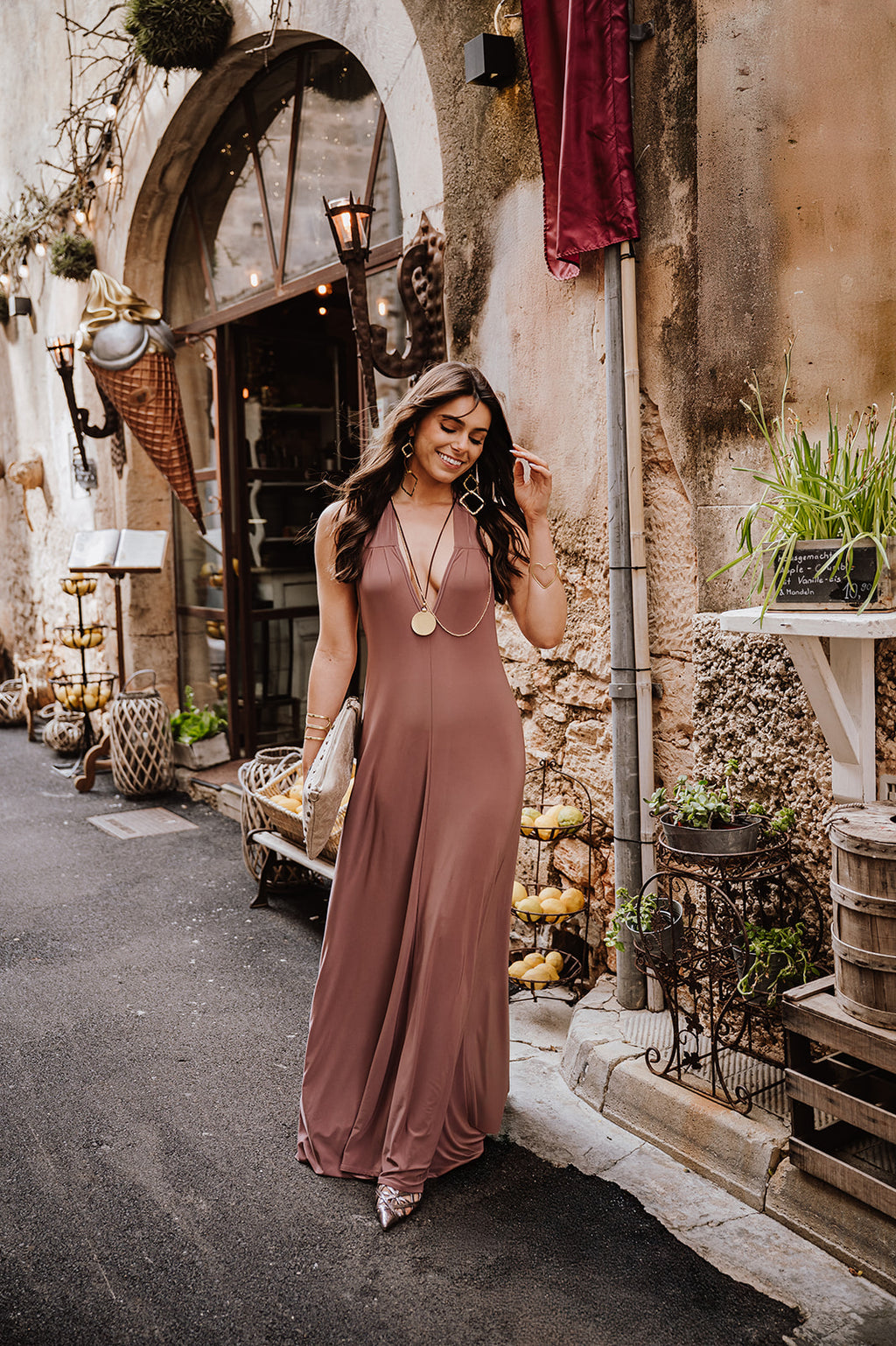 low back brown dress Halter Pearl Embellished Maxi Velvet Dress Brown