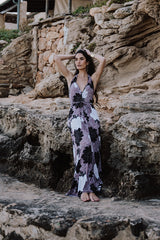 Plunging maxi dress - mauve flowers