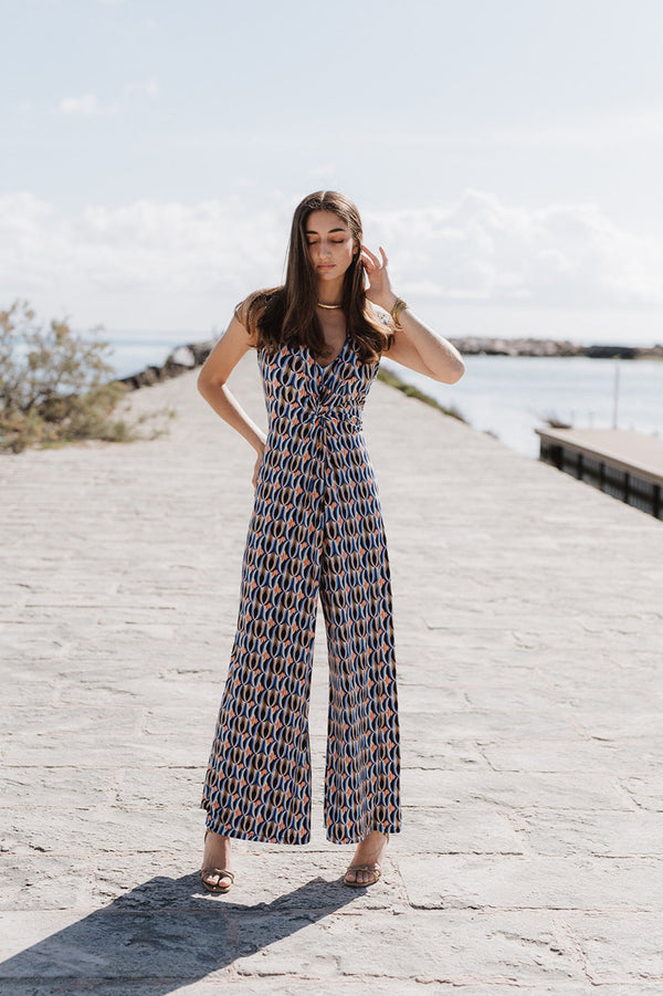 V-Neck Wide leg Playsuit - Geometric Blue