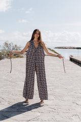 V-Neck Wide leg Playsuit - Geometric Blue