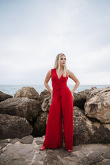 V-Neck Wide leg Playsuit- Red