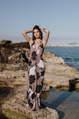 Plunging maxi dress - mauve flowers