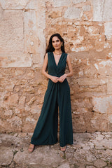 V-Neck Wide leg Playsuit- Emerald Green