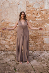 V-Neck Wide leg Playsuit- Sand