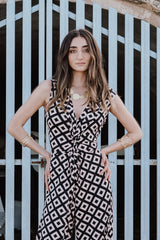 V-Neck Wide leg Playsuit - Black Geo Print