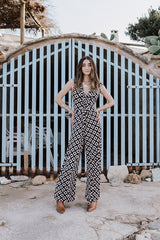 V-Neck Wide leg Playsuit - Black Geo Print