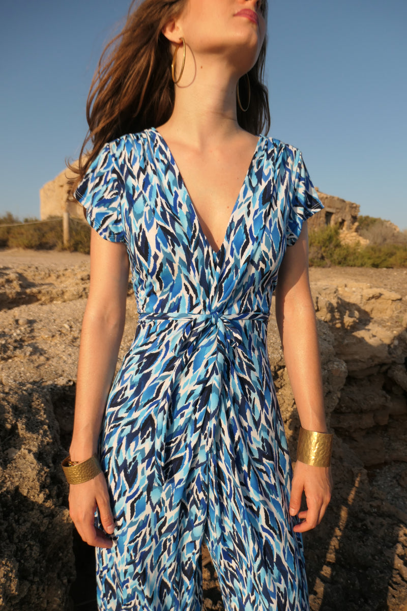 V-Neck Wide leg Playsuit - Diamond Blue