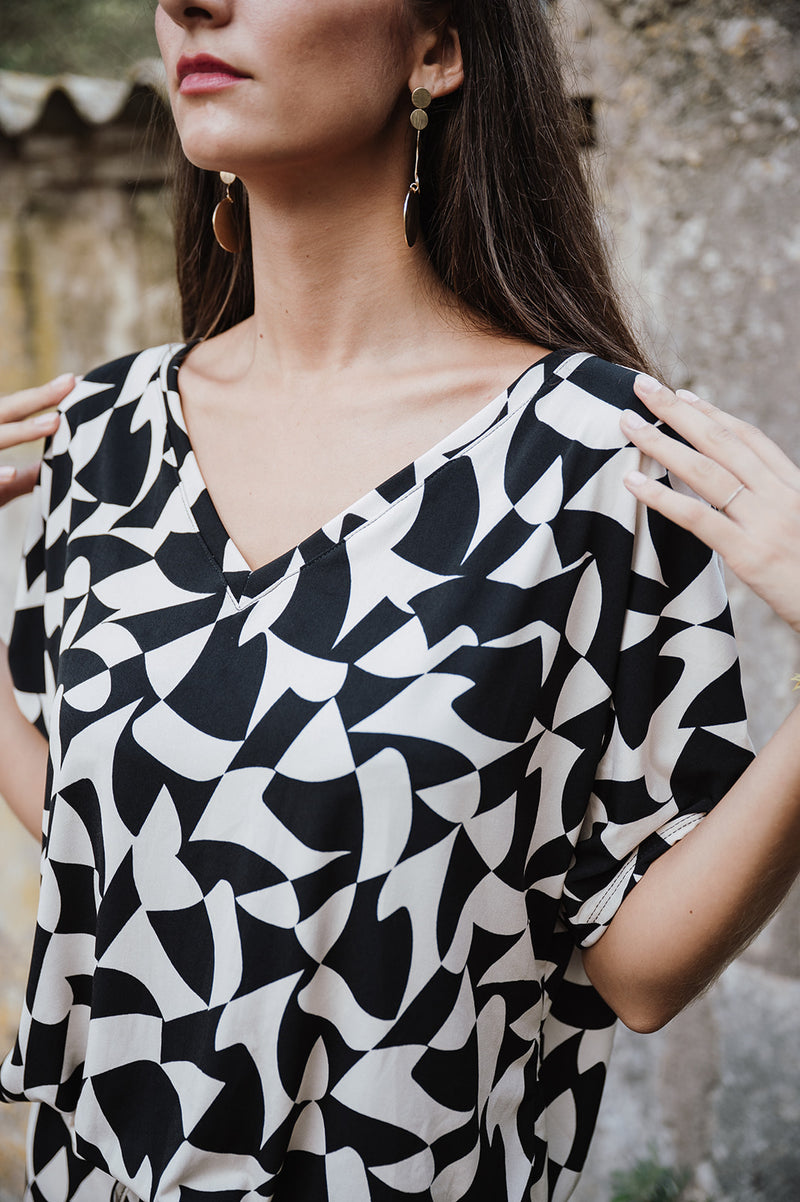 V-Neck String Blouse - Black and White