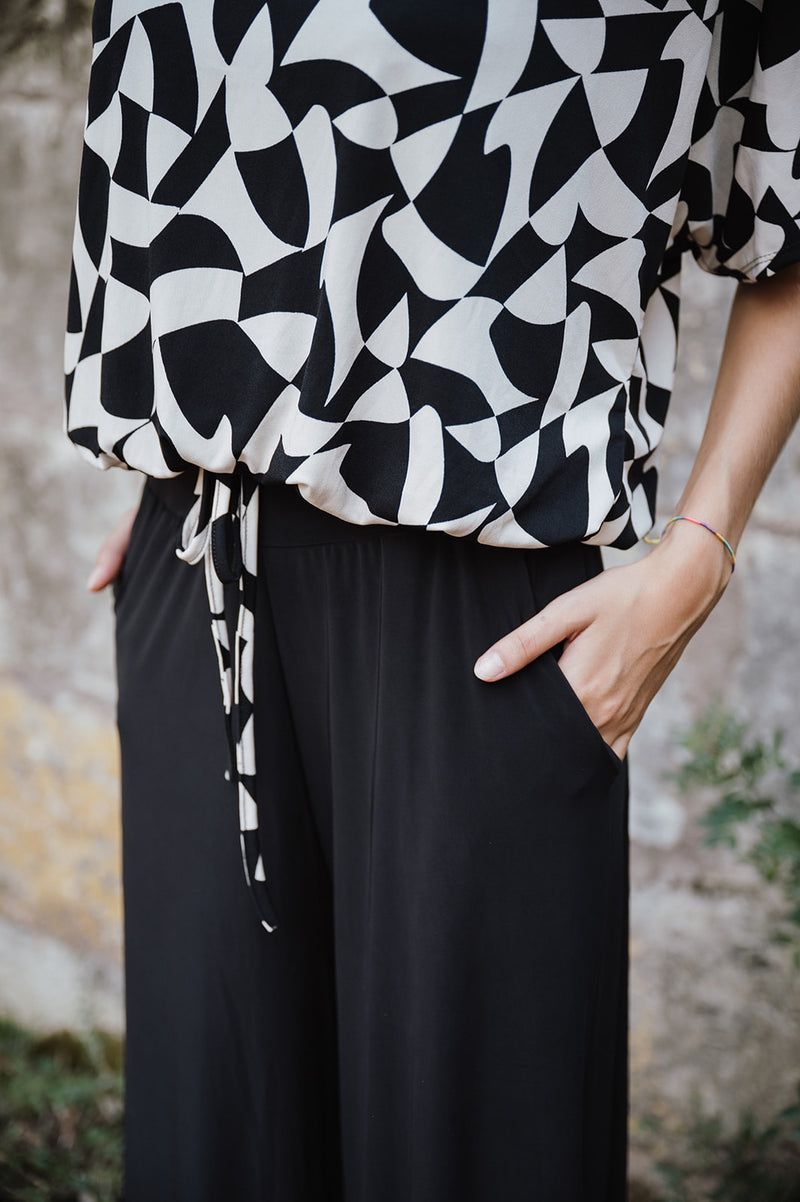 V-Neck String Blouse - Black and White