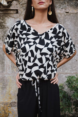 V-Neck String Blouse - Black and White