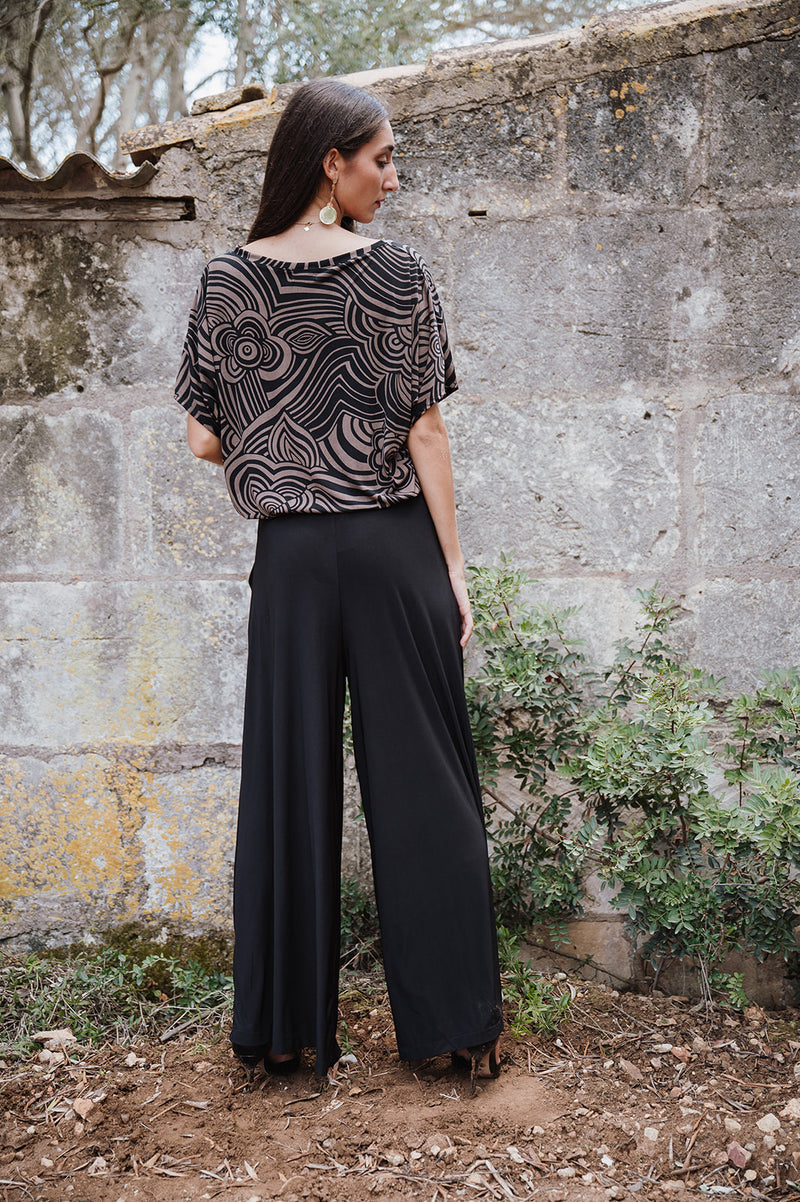 V-Neck String Blouse - Brown Flower