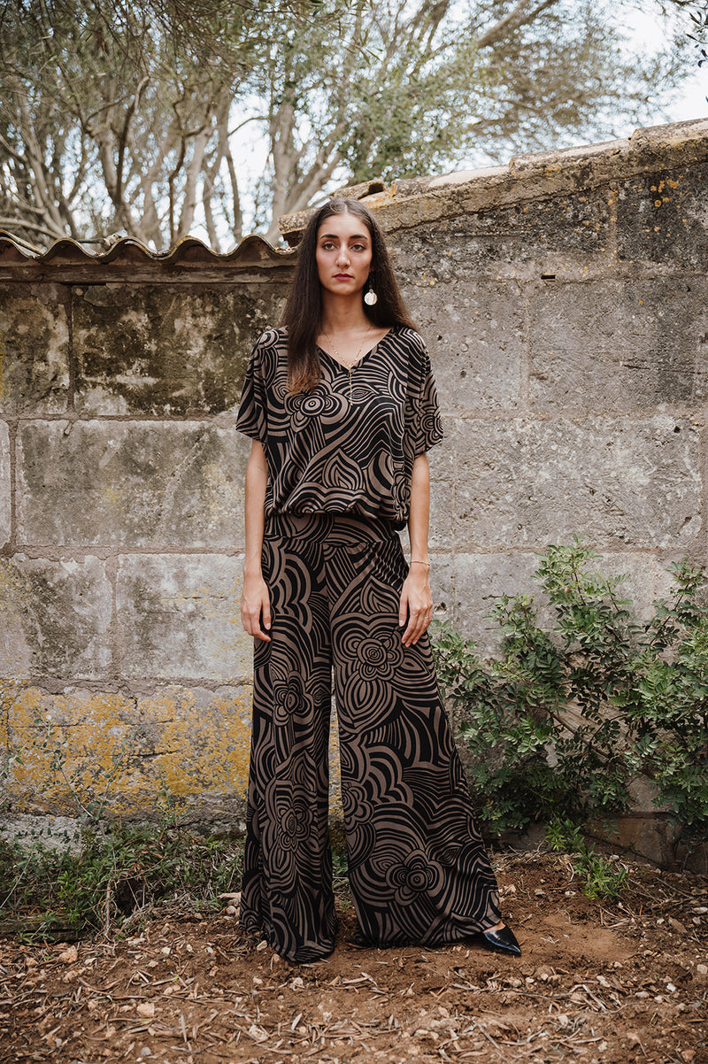 V-Neck String Blouse - Brown Flower