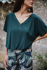 V-Neck String Blouse - Forest Green