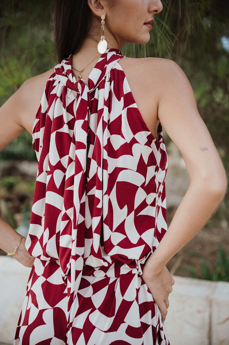 High neck playsuit - Geometric Red