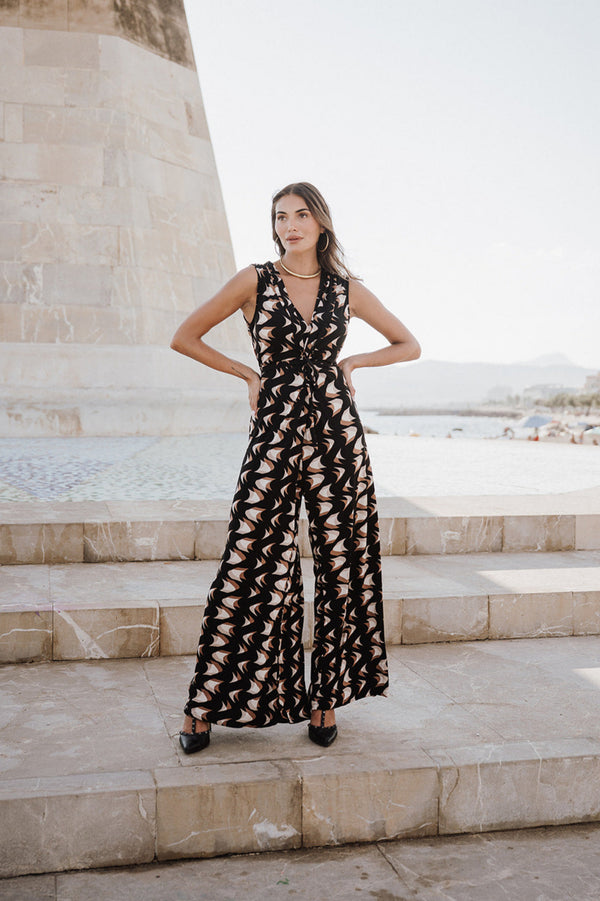 V-Neck Wide leg Playsuit - Black Geo Print