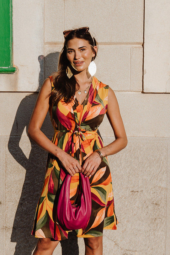 V neck adjustable dress - Yellow Leaf