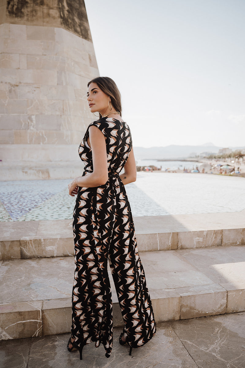 V-Neck Wide leg Playsuit - Black Geo Print
