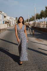 V-Neck Wide leg Playsuit - Retro White & Blue