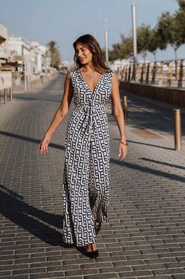 V-Neck Wide leg Playsuit - Retro White & Blue