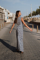 V-Neck Wide leg Playsuit - Retro White & Blue