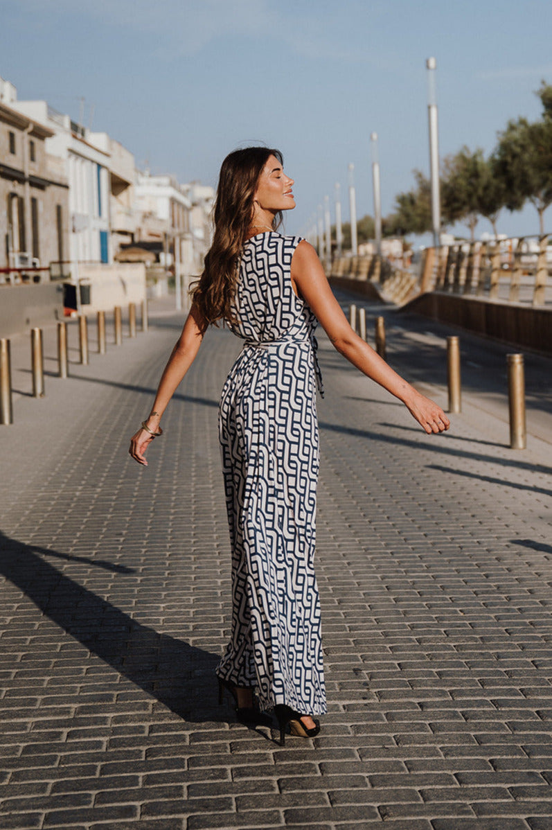 V-Neck Wide leg Playsuit - Retro White & Blue