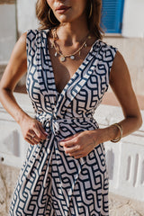 V-Neck Wide leg Playsuit - Retro White & Blue