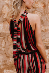 High Neck Playsuit - Red Striped