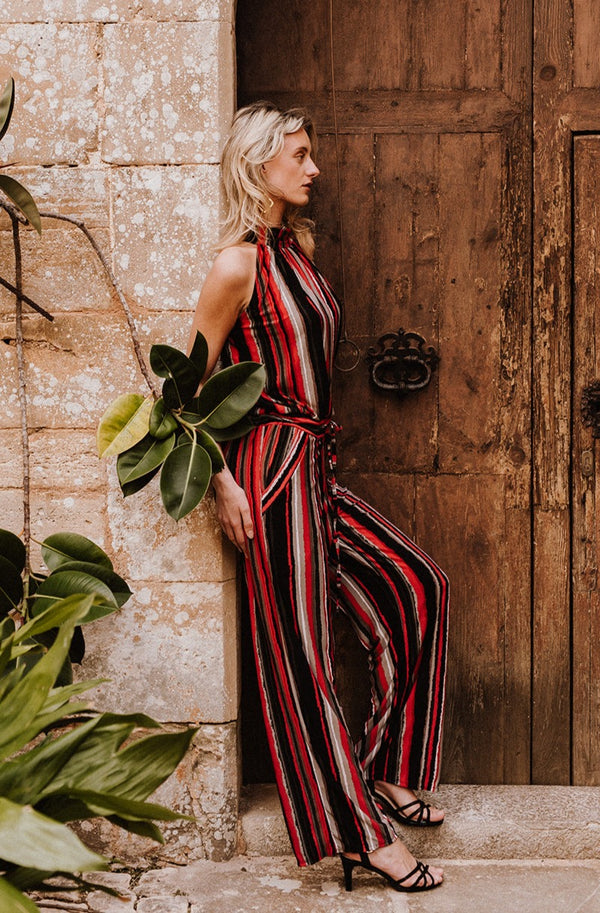 High Neck Playsuit - Red Striped